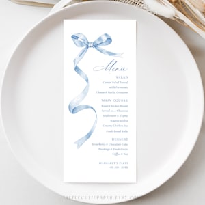 Edytowalny szablon menu z niebieską kokardą, karty menu obiadowego z niebieską wstążką do wydrukowania na baby shower lub dekoracje urodzinowe 1005, 2005