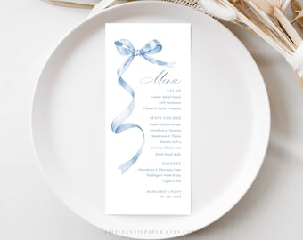Editable Blue Bow Menu Template, Blue Ribbon Printable Dinner Menu Cards for Baby Shower or Birthday Party Decorations 1005, 2005
