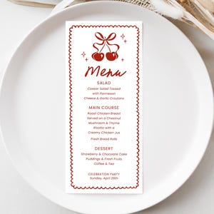 Modello di menu modificabile &quot;Ciliegia in cima&quot;, schede di menu stampabili &quot;Ciliegia in cima&quot; per decorazioni per baby shower o feste di compleanno COTBS001