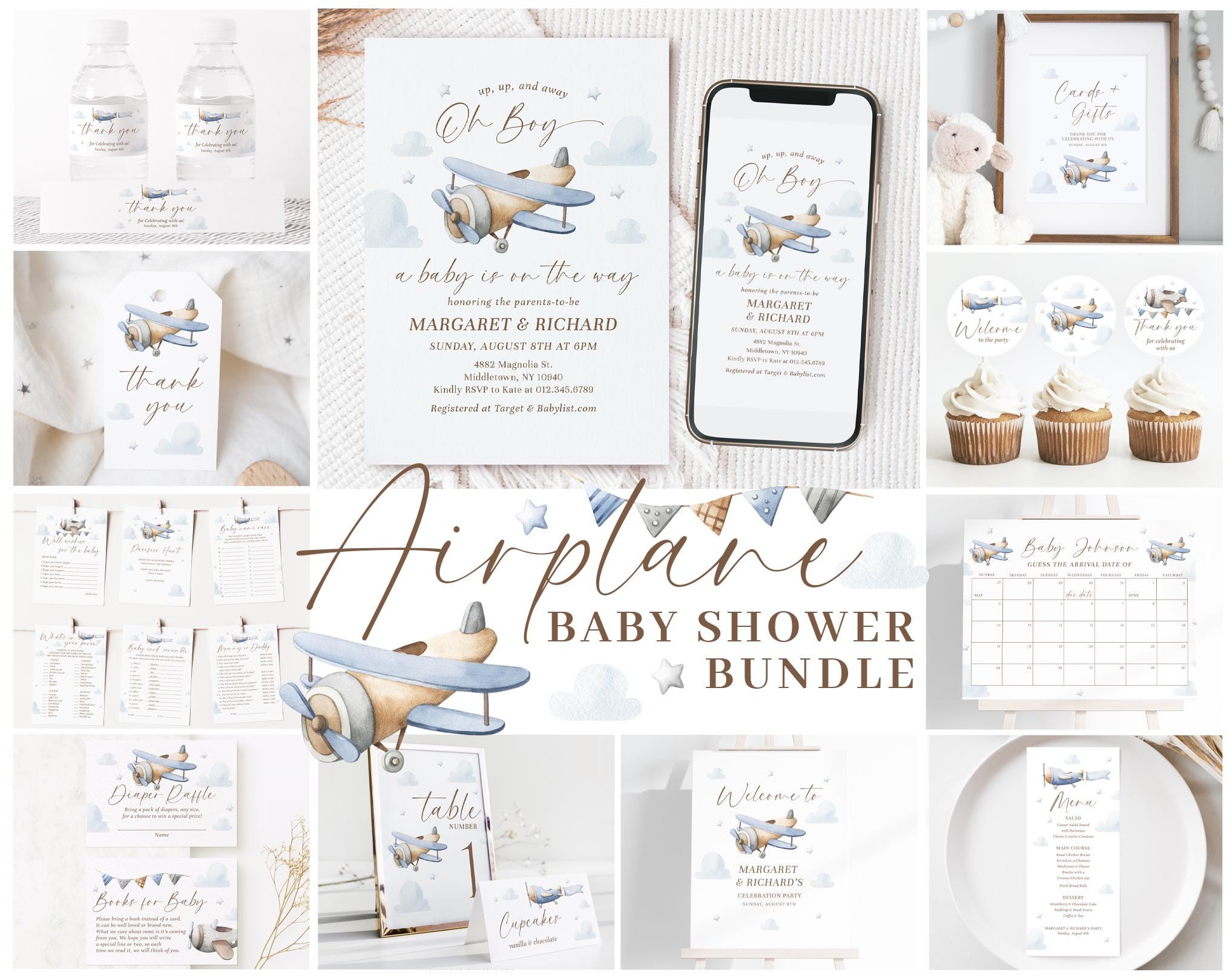 Editable Airplane Baby Shower Invitation Bundle, Airplane Baby Shower Bundle Decorations and Games, Editable Template Plane Theme 1011