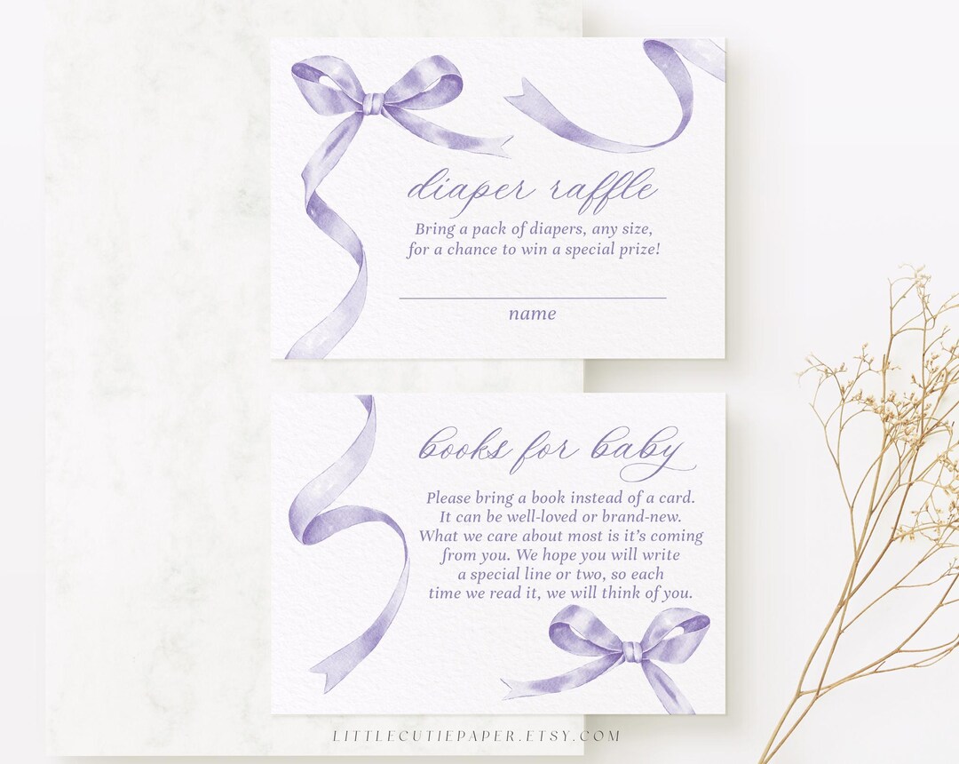Purple Ribbon Raffle Editable Purple Bow Diaper Raffle and Books for Baby Template, Purple ...