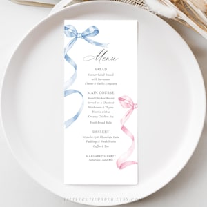 Modelo de menu de laço rosa e azul editável, cartões de menu de jantar imprimíveis para chá de bebê ou decorações de festa de aniversário de menino e menina 1009