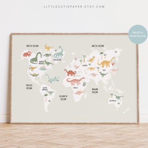 Green Dinosaur World Map Wall Art Digital Download, Dinosaur Nursery, Dinosaur Map for Girl Room Decor, Boys Nursery Dinosaur Decor DINO001