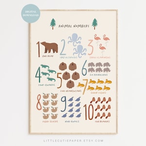 Animal Numbers Poster Digital Download, 123 Poster, Learn to Count Numbers Print for Kids Room Decor, Animal Counting Poster ANM001
