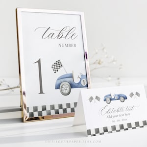 Edytowalny szablon namiotu z jedzeniem w kształcie samochodu wyścigowego z numerem stołu, edytowalna karta miejsc w kształcie samochodu wyścigowego na baby shower lub przyjęcie urodzinowe 1003