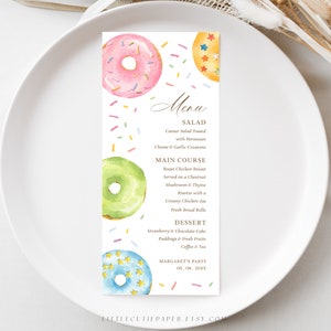 Bewerkbare donuts en strooi menusjabloon, afdrukbare dinermenukaarten voor babyshower of zoete verjaardagsfeestdecoraties 1006, 2006