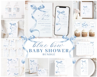 Editable Blue Bow Baby Shower Invitation Bundle, Printable Blue Ribbon Baby Shower Decorations and Games, Baby Boy Shower 1005
