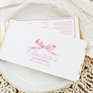 Editable Pink Bow Chocolate Bar Wrapper Template, Candy Bar Wrapper, Chocolate Wrapper Label Template for Pink Ribbon Party 2003