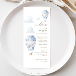 Modèle de menu bleu modifiable en montgolfière, cartes de menu imprimables pour baby shower ou décoration de fête d'anniversaire garçon 1007, 2007