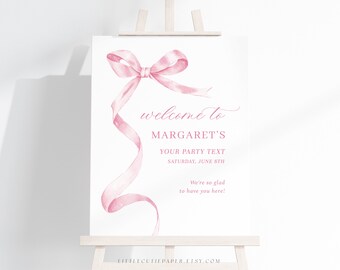 Editable Pink Bow Baby Shower Welcome Sign, Pink Ribbon Birthday Welcome Sign, Welcome Poster Sign for Baby Shower or Birthday 1002, 2003