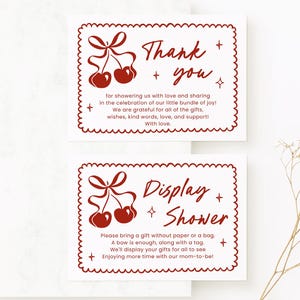 Modèle de carte de douche modifiable cerise sur le dessus, carte de remerciement cerise pour fête de naissance fille COTBS001