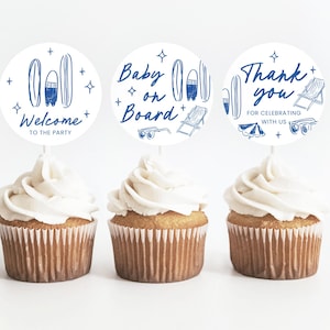 Editable Baby on Board Cupcake Toppers Template, Surfboard Cake Toppers for Baby Shower or Birthday Party Decorations BBOBS001