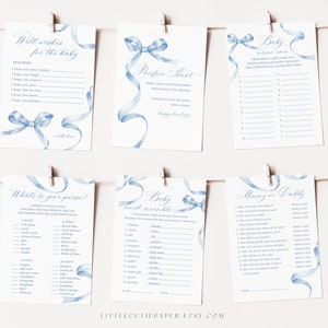 Editable 12 Blue Bow Baby Shower Games Bundle, Printable Blue Ribbon Baby Shower Game Activities, Printable Games Pack 1005