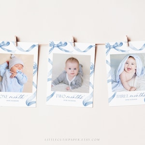 Bannière photo modifiable d'étape importante avec un noeud bleu, cartes d'étape mensuelles avec ruban bleu pour le 1er anniversaire, accessoire photo, guirlande photo 2005