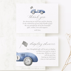 Modèle de carte de douche affichage voiture de course modifiable, carte de remerciement voiture de course pour baby shower party 1003