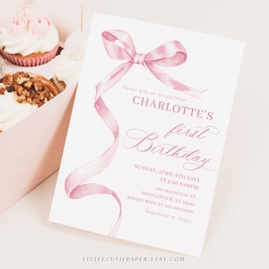 Editable Pink Bow Invitation for Birthday, Blush Pink Birthday Invitation, Minimalist Pink Birthday Invite for Pink Ribbon Party 2003