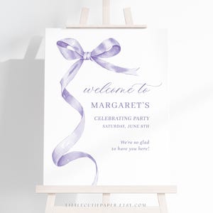 Editable Purple Bow Baby Shower Welcome Sign, Lilac Ribbon Birthday Welcome Sign, Welcome Poster Sign for Baby Shower or Birthday 1017