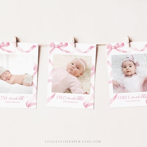 Banner fotografico modificabile con fiocco rosa, biglietti di auguri mensili per il primo compleanno con nastro rosa, accessorio fotografico, ghirlanda fotografica 2003