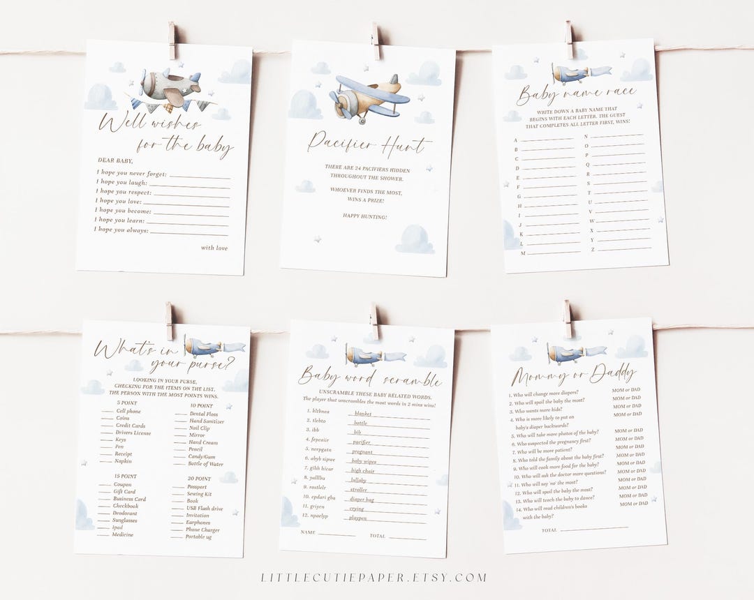 Editable 12 Airplane Baby Shower Games Bundle, Plane Baby Shower Games