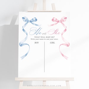 Bearbeitbares Bow Gender Reveal Voting Board mit Gender Reveal Voting Cards, Vote Sign, Er oder Sie, Junge oder Mädchen, was wird Baby sein 3009