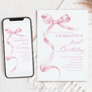 Editable Pink Bow First Birthday Invitation, 1st Birthday Invite, Pink Bow Birthday Invitation with Birthday Evite, Girl First Birthday 2003