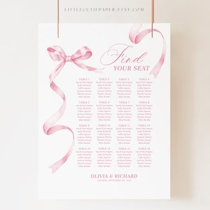 Bewerkbare roze strik zitplaatsen grafieksjabloon, roze strik bruids douche, bruiloft tafel, bruiloft tafelplan voor zitplaatsen grafiek 1002, 3002
