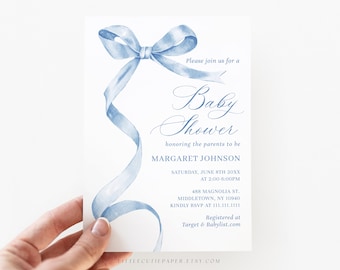 Editable Blue Bow Baby Shower Invite Card Template, Blue Ribbon Baby Shower Invitation 1005