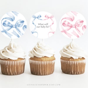 Editable Bow Gender Reveal Cupcake Toppers: Pink or Blue (Digital Template) 3009