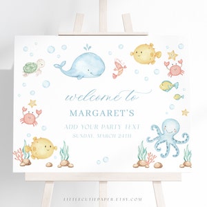 編集可能な海中のウェルカム サイン テンプレート、海のビニール バナー、ベビー シャワーや誕生日パーティー用のウェルカム バックドロップ サイン 1004、2004
