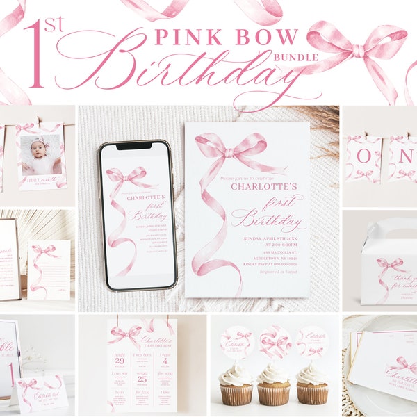 Editable Pink Bow First Birthday Invitation Bundle, Pink Ribbon Birthday Invitation, Girl First Birthday Bundle Decorations 2003