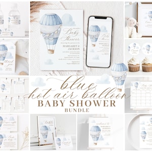 Pacchetto di inviti per baby shower modificabili con mongolfiera blu, decorazioni e giochi per baby shower Adventure Awaits, baby shower per bambini 1007