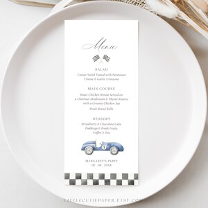 Edytowalny szablon menu samochodu wyścigowego, karty menu kolacji do druku w samochodzie wyścigowym na baby shower lub dekoracje urodzinowe 1003