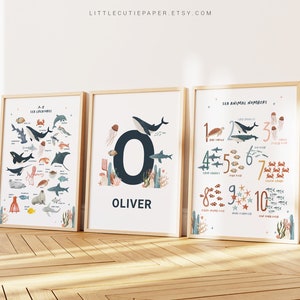 Bearbeitbarer personalisierter Name, Meerestier Alphabet Poster und Zählposter, Meerestier Zählzahlen für Kinder, Kinderzimmer Wandkunst OCM001