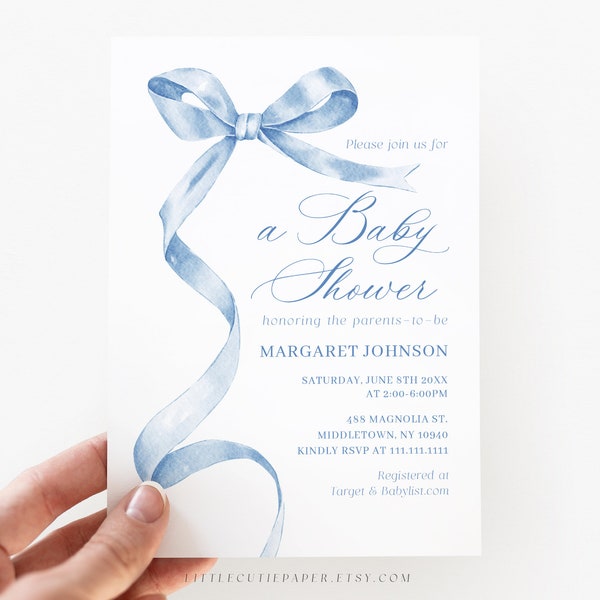 Editable Blue Bow Baby Shower Invite Card Template, Blue Ribbon Baby Shower Invitation 1005