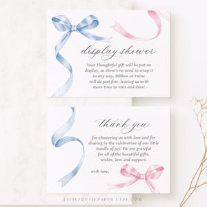 Bewerkbare roze en blauwe displaykaartsjabloon, bedankkaart met strik voor babyshower voor jongen en meisje 1009