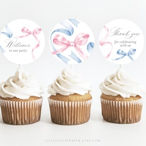 Modèle de décoration de cupcake rose et bleu modifiable, décoration de gâteau avec noeud pour baby shower ou décoration de fête d'anniversaire 1009