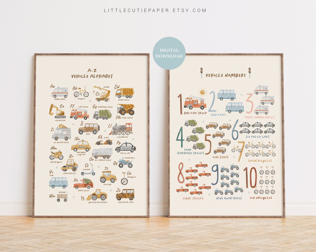 Vehicles With Numbers Vehicle Alphabet and Number Poster Digital Download, Transport Alphabet ...
