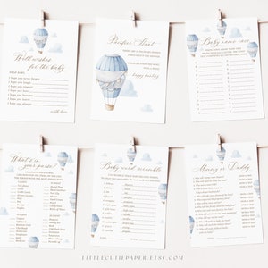 Editable 12 Blue Hot Air Balloon Baby Shower Games Bundle, Printable Travel Baby Shower Games Activities, Printable Games Pack 1007