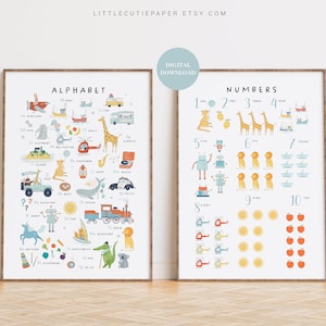 Descarga digital del cartel del alfabeto y los números, tabla del alfabeto y tabla de números para la decoración de la habitación del bebé, carteles preescolares THG001