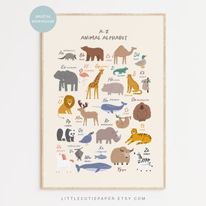 Cartaz imprimível do alfabeto animal, animais do alfabeto, gráfico abc, cartaz animal abcs, alfabeto safari para parede da sala de aula anm001