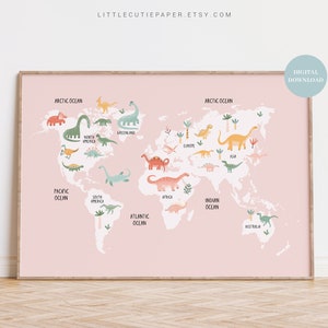 Pink Dinosaur World Map Wall Art Digital Download, Dinosaur Nursery, Dinosaur Map for Girl Room Decor, Boys Nursery Dinosaur Decor DINO001