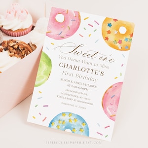 Editable Sweet One Birthday Invitation Template, First Birthday Girl Invite for Sweet Donut Party 2006