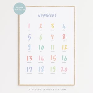 Números arcoíris, Cuenta hasta 20, Números 1-20 Aprende a contar Cartel Montessori para habitación de niños, Guardería arcoíris, Descarga digital RNB001