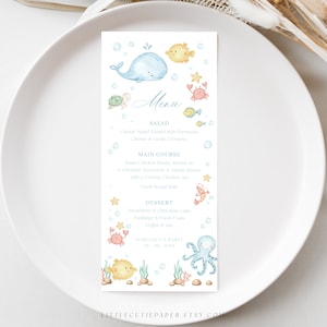 Bewerkbare onder de zee menusjabloon, oceaandieren afdrukbare dinermenukaarten voor babyshower of verjaardagsfeestje decoraties 1004, 2004