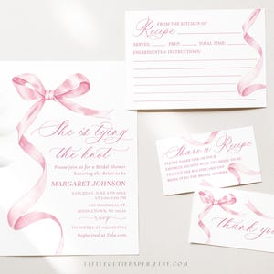 Juego de invitaciones editables para despedida de soltera She's Tying the Knot, despedida de soltera con lazo rosa y tarjeta con receta para la novia, para compartir la receta y agradecimiento 3002
