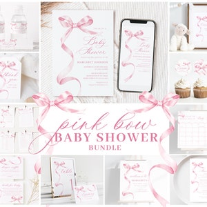 Editable Pink Bow Baby Shower Invitation Bundle, Printable Pink Ribbon Baby Shower Decorations and Games, Editable Template 1002