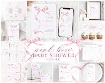 Editable Pink Bow Baby Shower Invitation Bundle, Printable Pink Ribbon Baby Shower Decorations and Games, Editable Template 1002