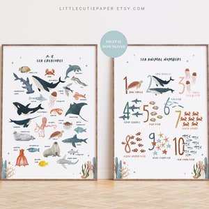 Meerestier Alphabet und Zählposter Digitaler Download, Meerestierzahlen Kinderzimmer für Kinderzimmer, Kinderzimmer Wandkunst OCM001