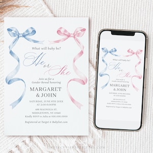 Editable Bow Gender Reveal Invitation Template, Pink Blue Invitation Mobile Invite, He or She Invitation What Will Baby Be, Boy Or Girl 3009