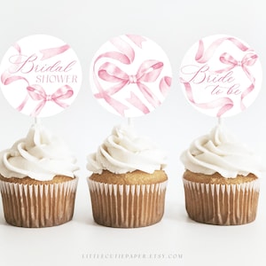 Editable Pink Bow Bride to Be Cupcake Toppers, Bridal Shower Cupcake Toppers, Cupcake Labels, Bridal Shower Cupcake Tags 3002